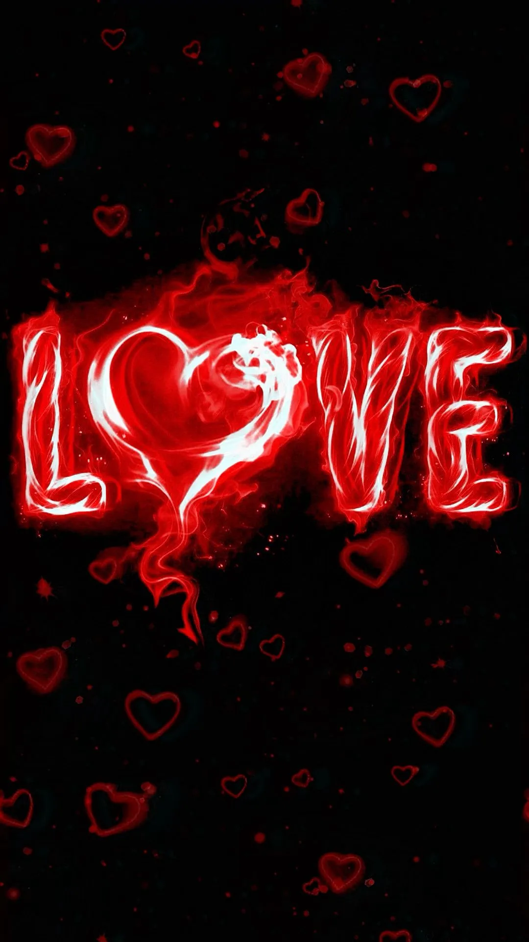 The word love burns in smoky red letters across the middle of a black phone screen, faint small hearts drifting through the dark above and below.