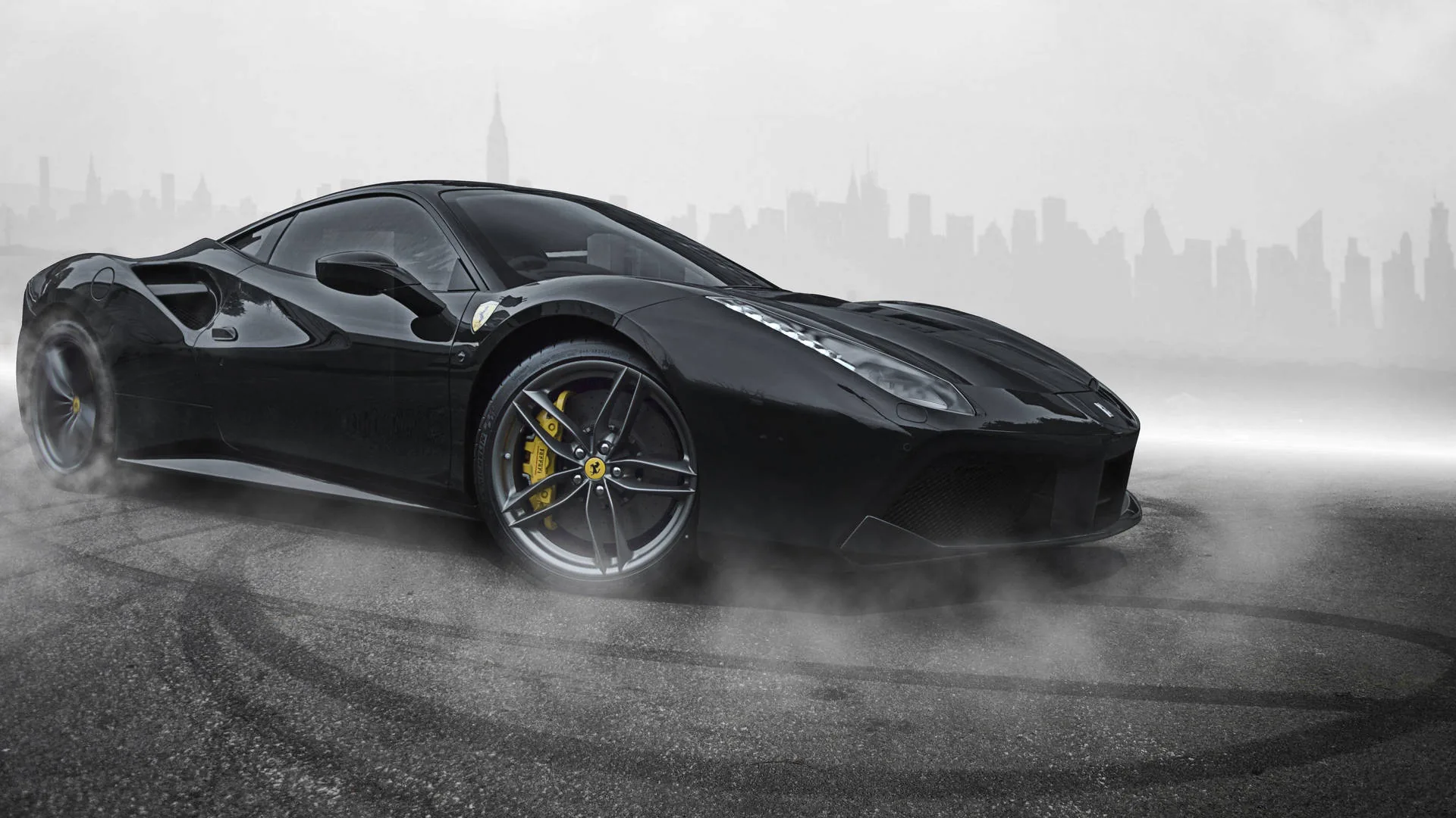Tyre smoke pours off the rear of a gloss black coupe as it slides across wet asphalt, a faint city skyline showing through the haze.