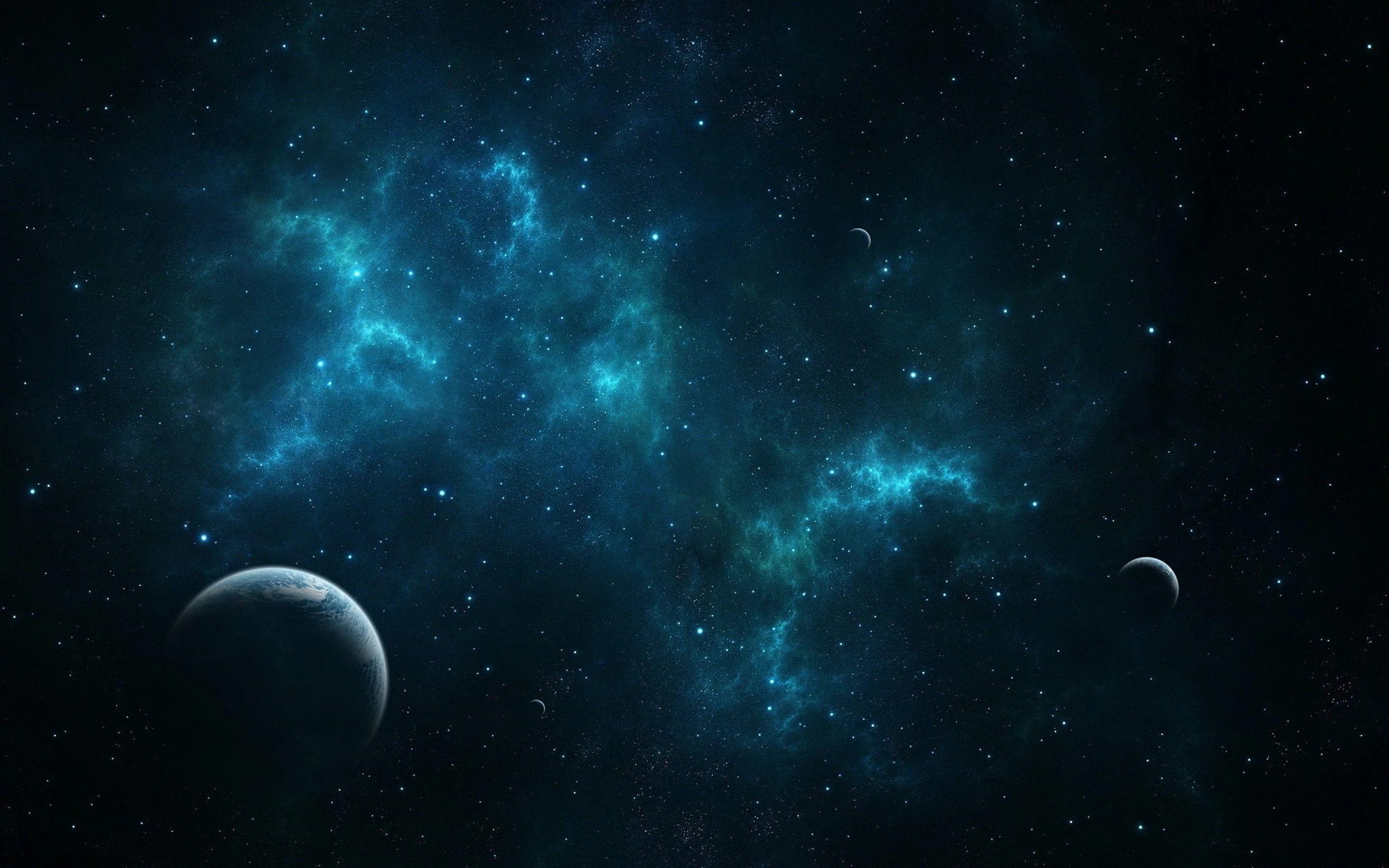 Turquoise gas spreads across the upper frame while a large grey planet rises from the bottom left and a smaller one hangs at the right.