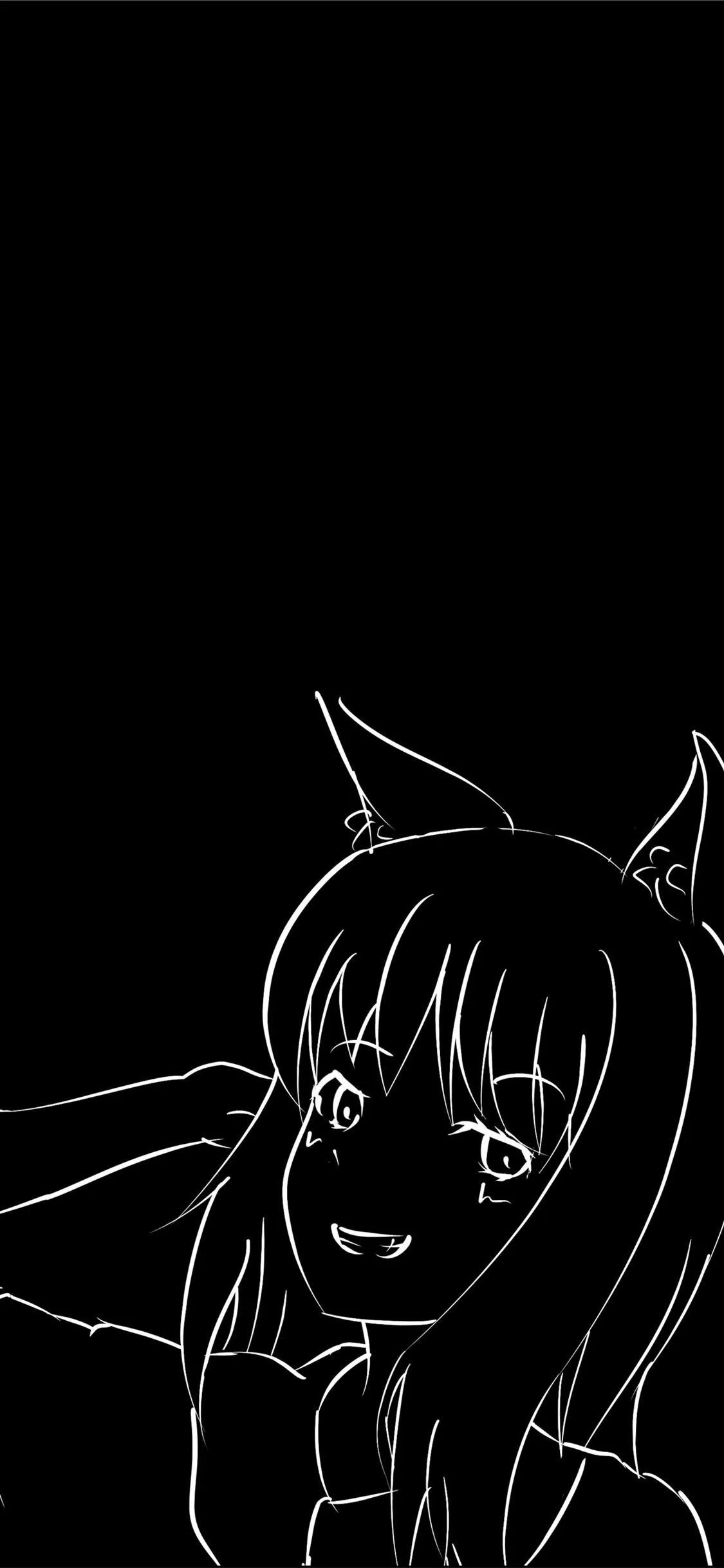A grinning wolf-eared girl sketched in white line art across the bottom third, the upper two thirds pure black so the clock and icons sit on true #000000.