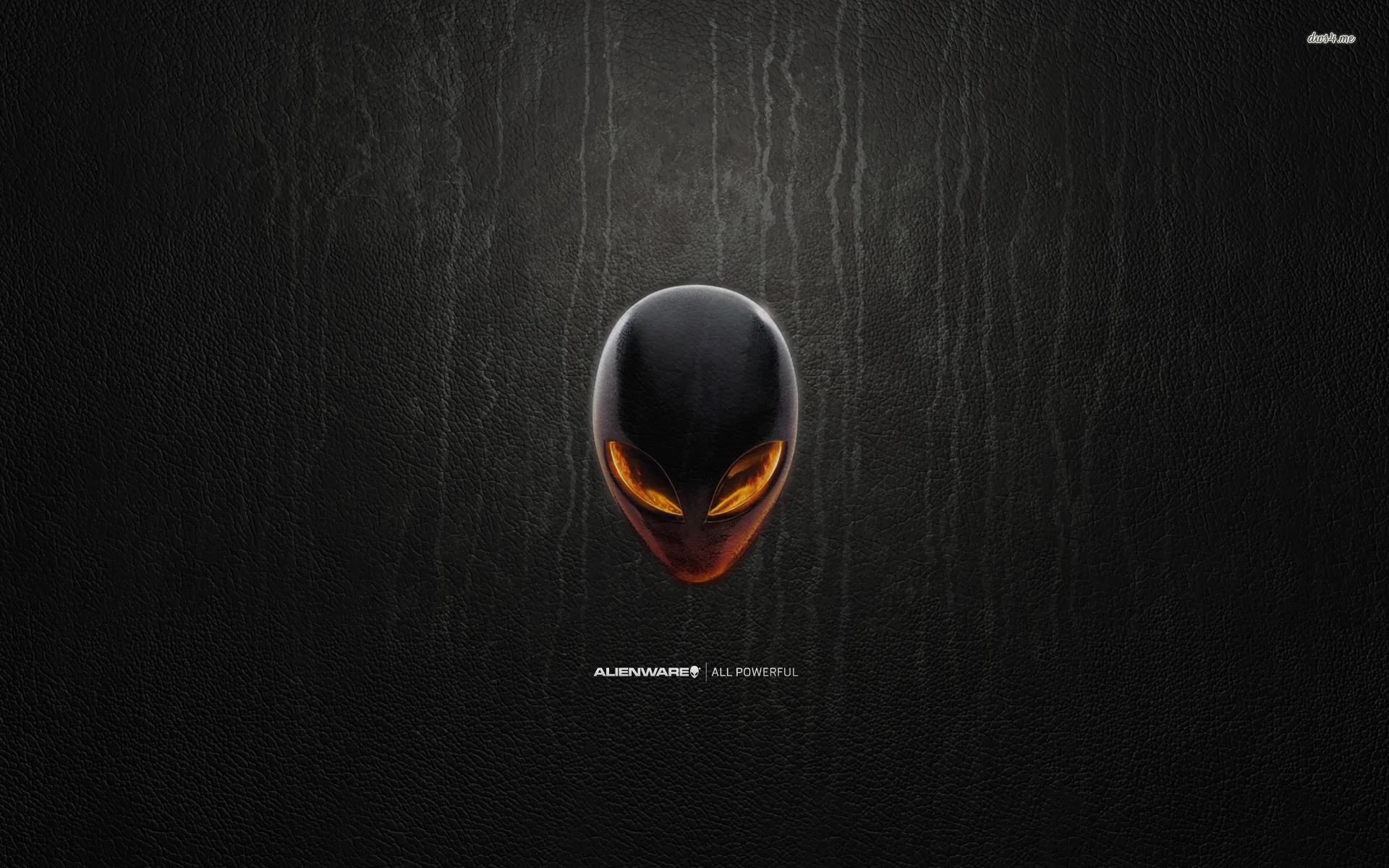 The alien head badge glows amber from within, mounted on a scratched dark wall, with the small Alienware wordmark centred beneath it.