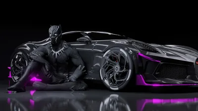 Black Panther Sitting Beside a Neon-Lit Supercar HD Wallpaper