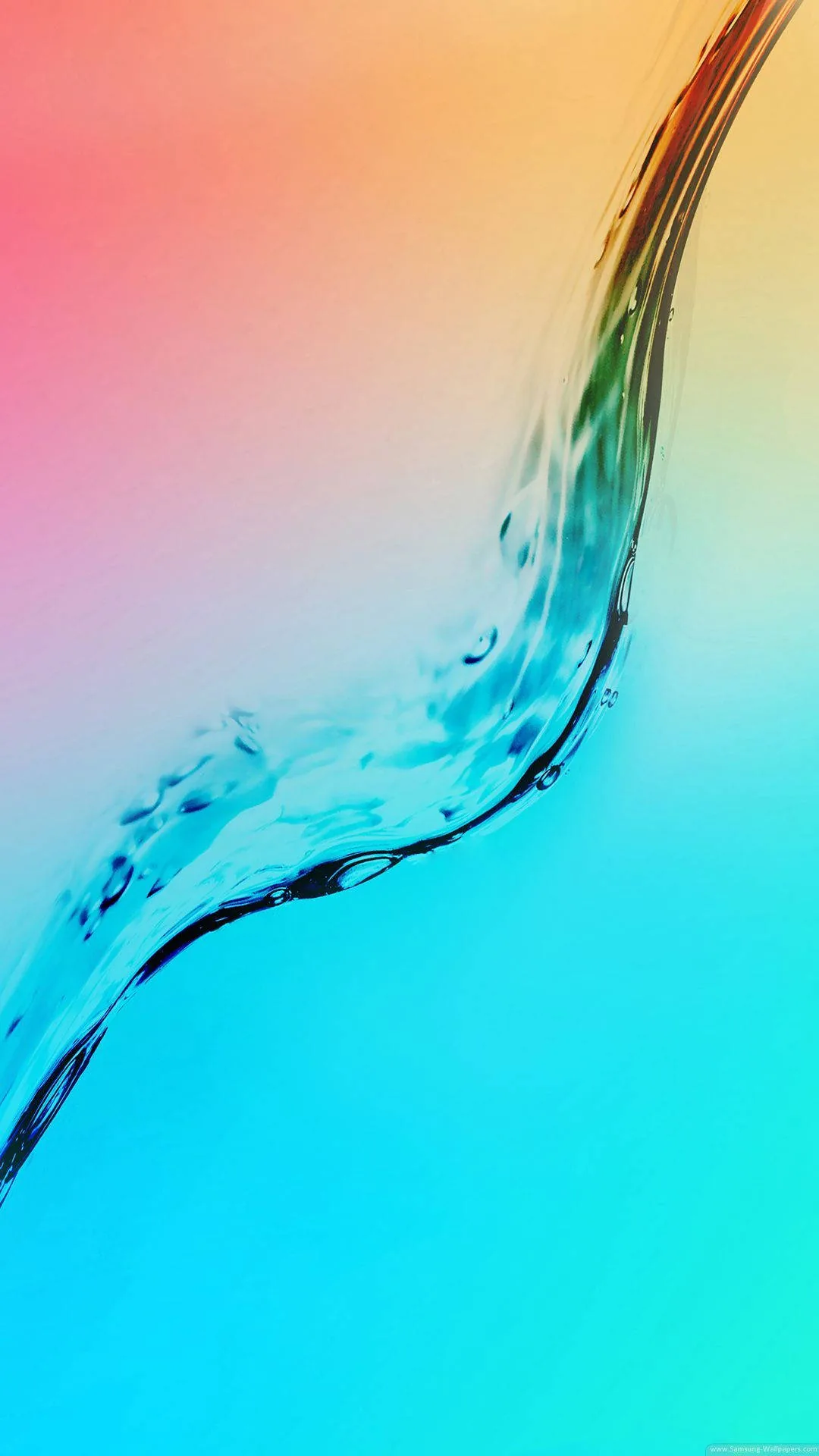 A clear stream twists into an S down the middle of a gradient running coral pink through aqua to orange, both upper corners left smooth for the clock.