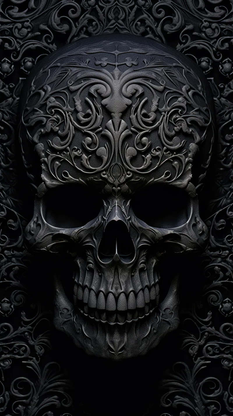 Scrollwork is carved into the skull's crown and repeated in the panel behind it, everything cut from the same matte black stone.