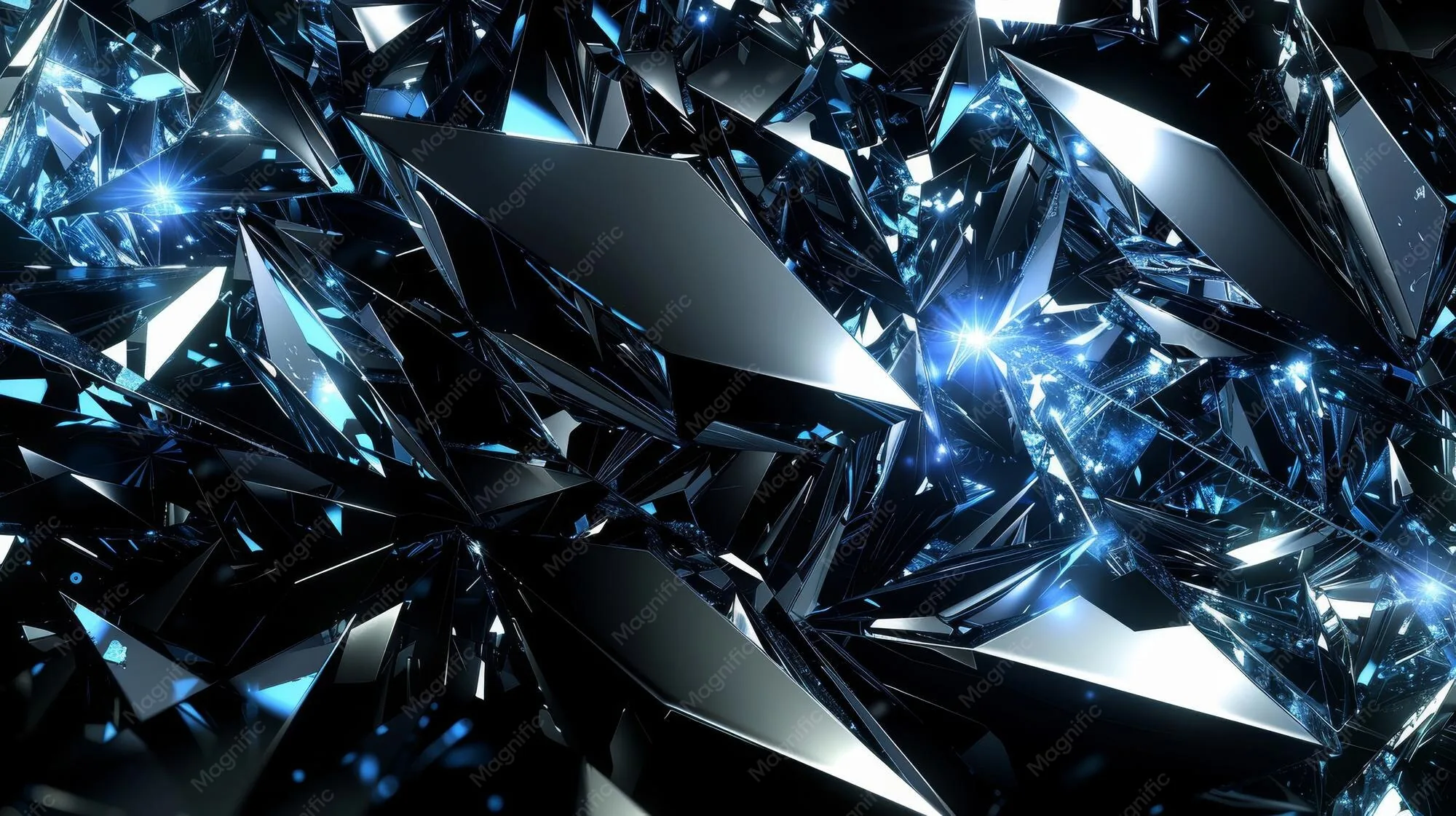 Blue and silver shards on black background with glowing effects