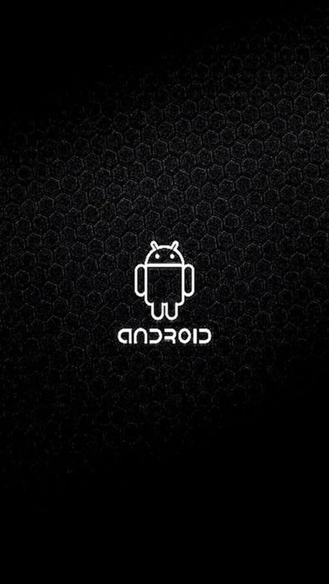 The Android robot and wordmark sit centred in white on a black hexagonal carbon weave that fades out at the edges.