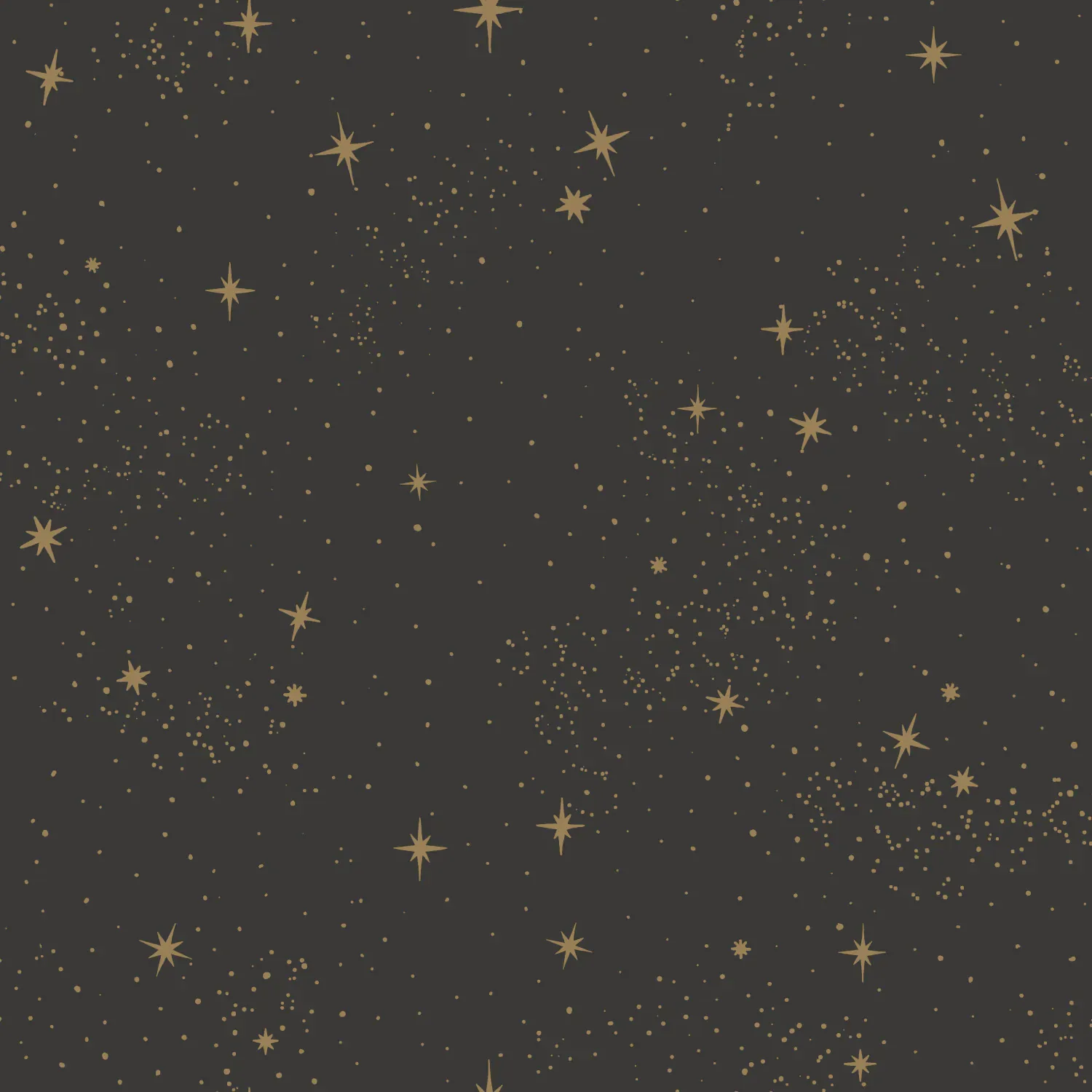 Gold eight-pointed stars scattered among fine speckle clusters on a warm charcoal ground, spaced widely enough that app icons sit cleanly between them.