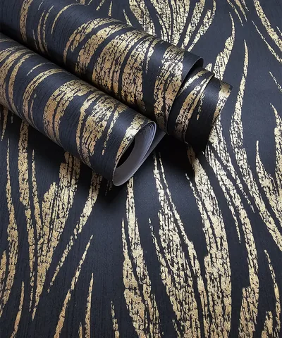 Metallic Feather Pattern Black Gold Wallpaper Luxe Rippled Wave Wallpaper
