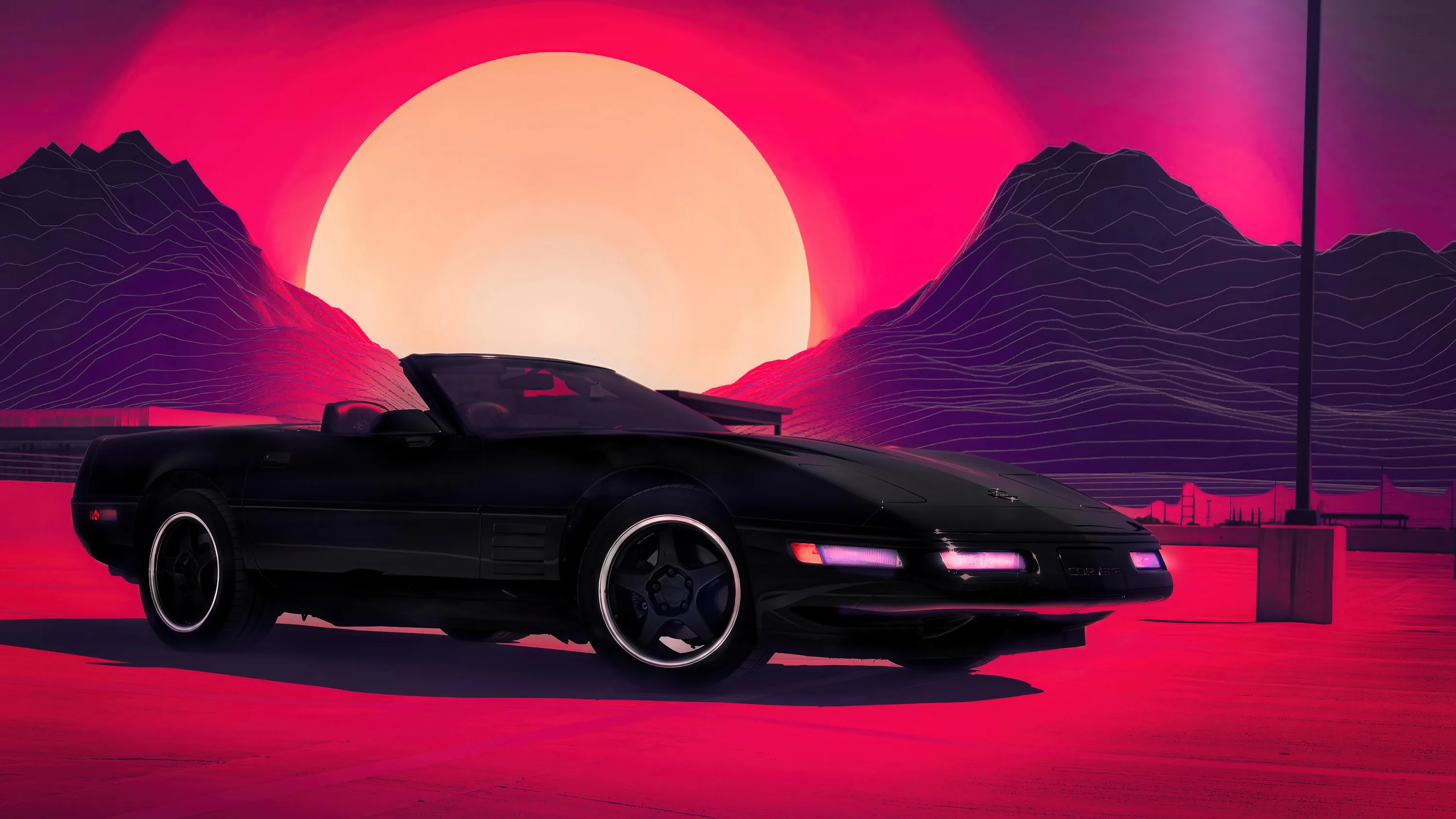 Black Car In Moon Background 4K HD Vaporwave Wallpapers