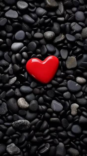 Red Heart on Black Pebbles HD Phone Wallpaper