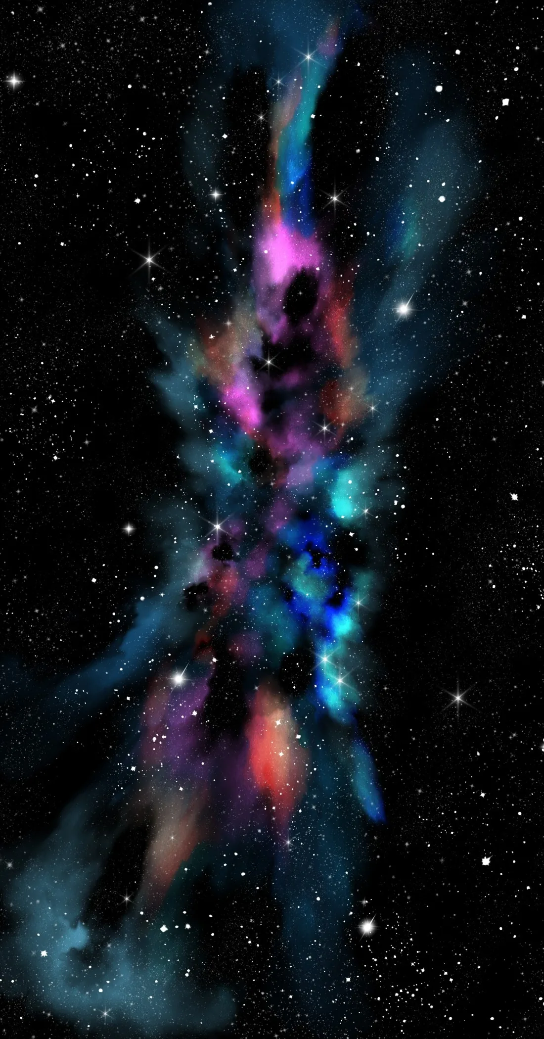 Pink, teal and violet gas erupts in a tall column up the centre of the frame, the black around it left almost untouched.