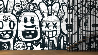 Graffiti Bunny Street Art Wallpaper Mural Black and White Contour Decor