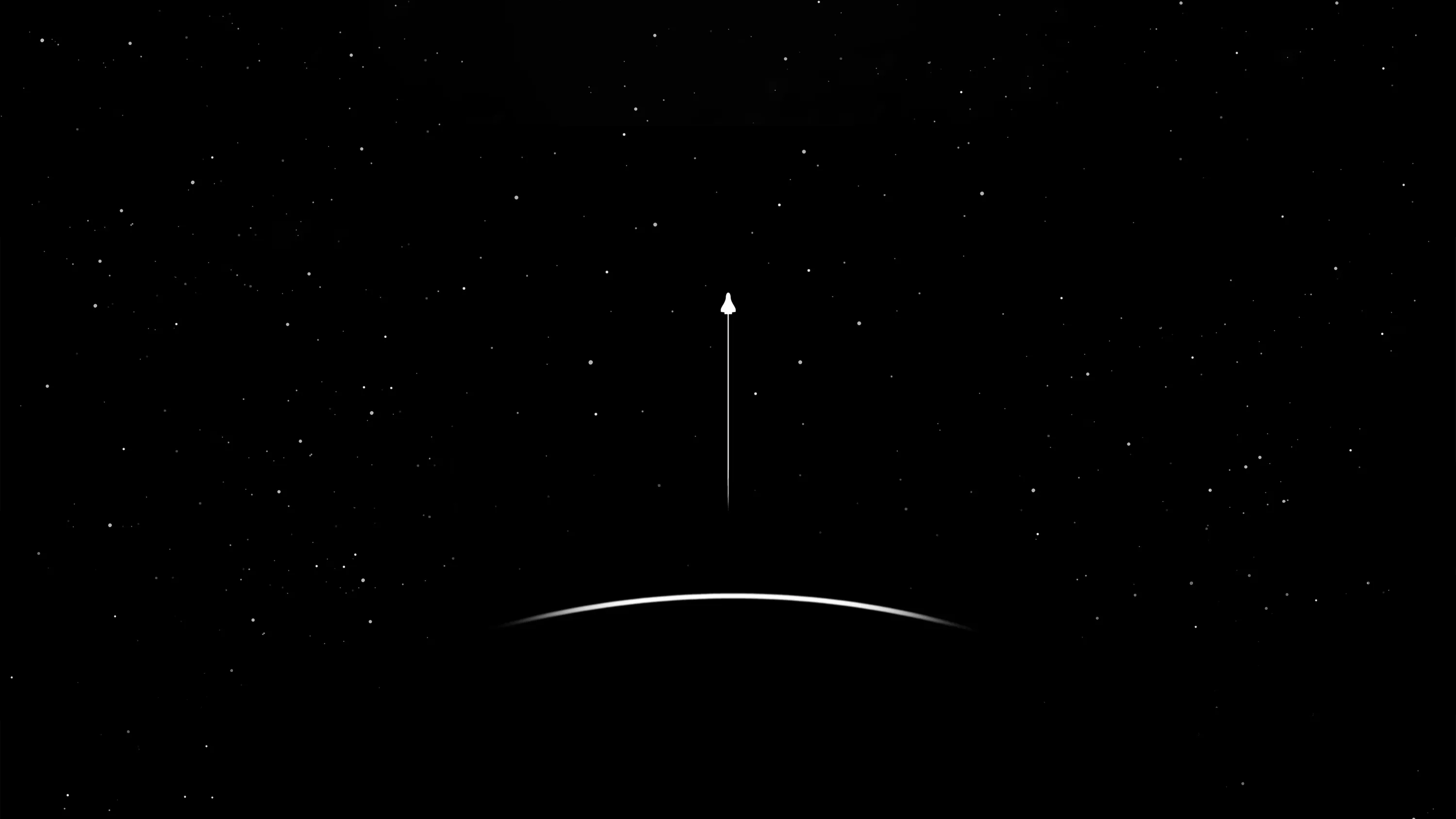 A thin trail of light rises from the curve of a planet's edge, stars scattered thinly across the black around it.
