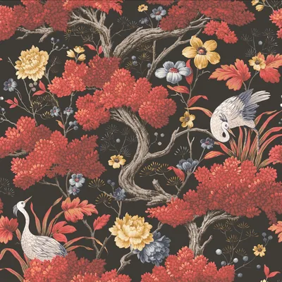 Cranes and Red Blooms Pattern HD Wallpaper