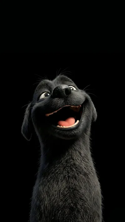 A grinning 3D puppy with a pink tongue and glossy eyes looks up from the lower half of the frame, the rest solid black.