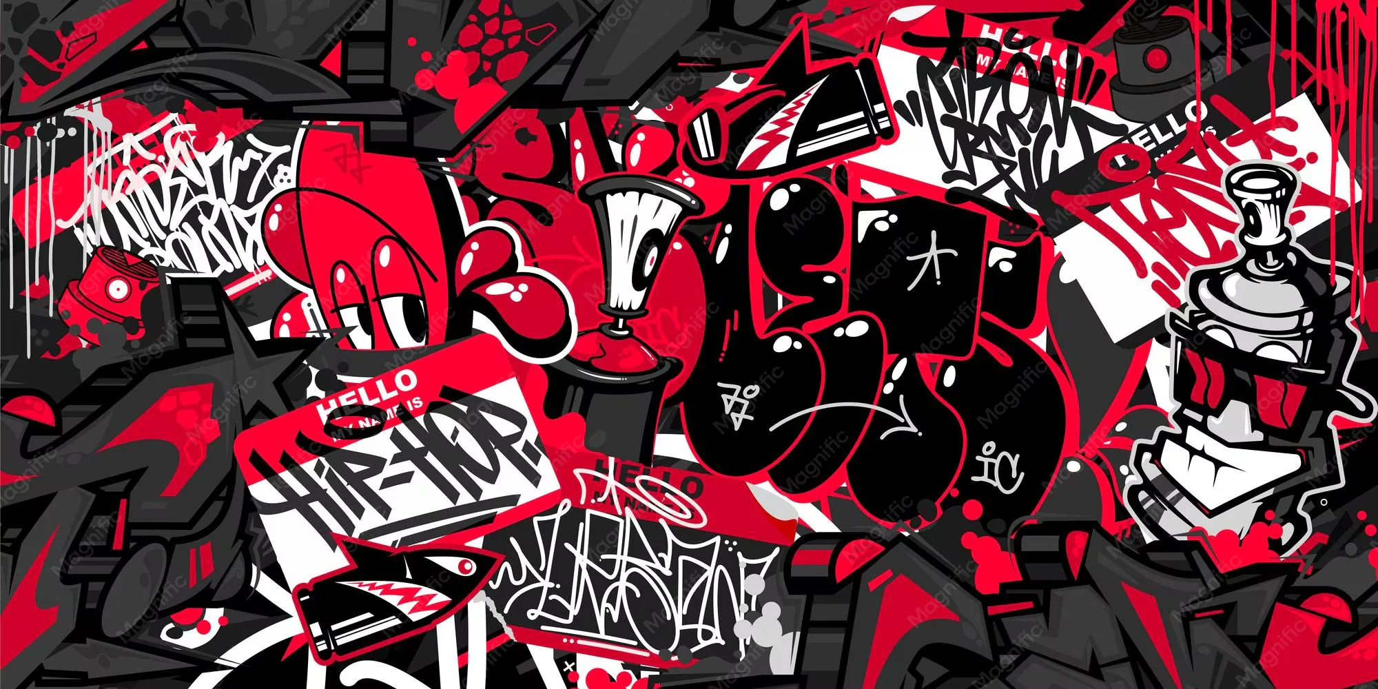 Graffiti piled letter over letter in red, black and white, with a spray can drawn into the lower right corner of the wall.