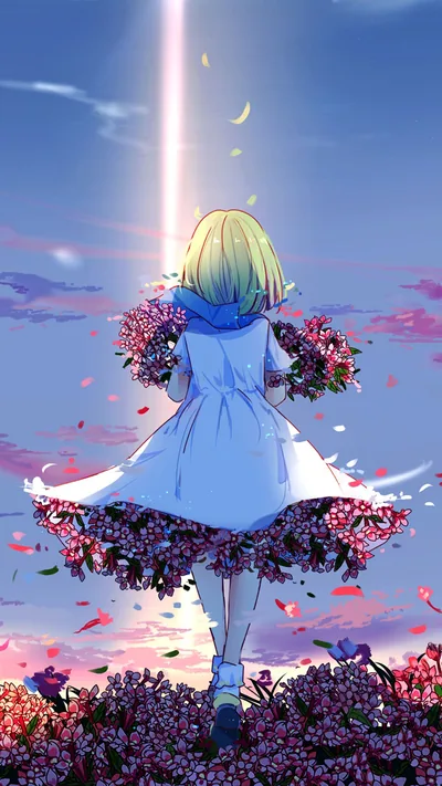Light Beam Over a Flower Path HD Phone Wallpaper