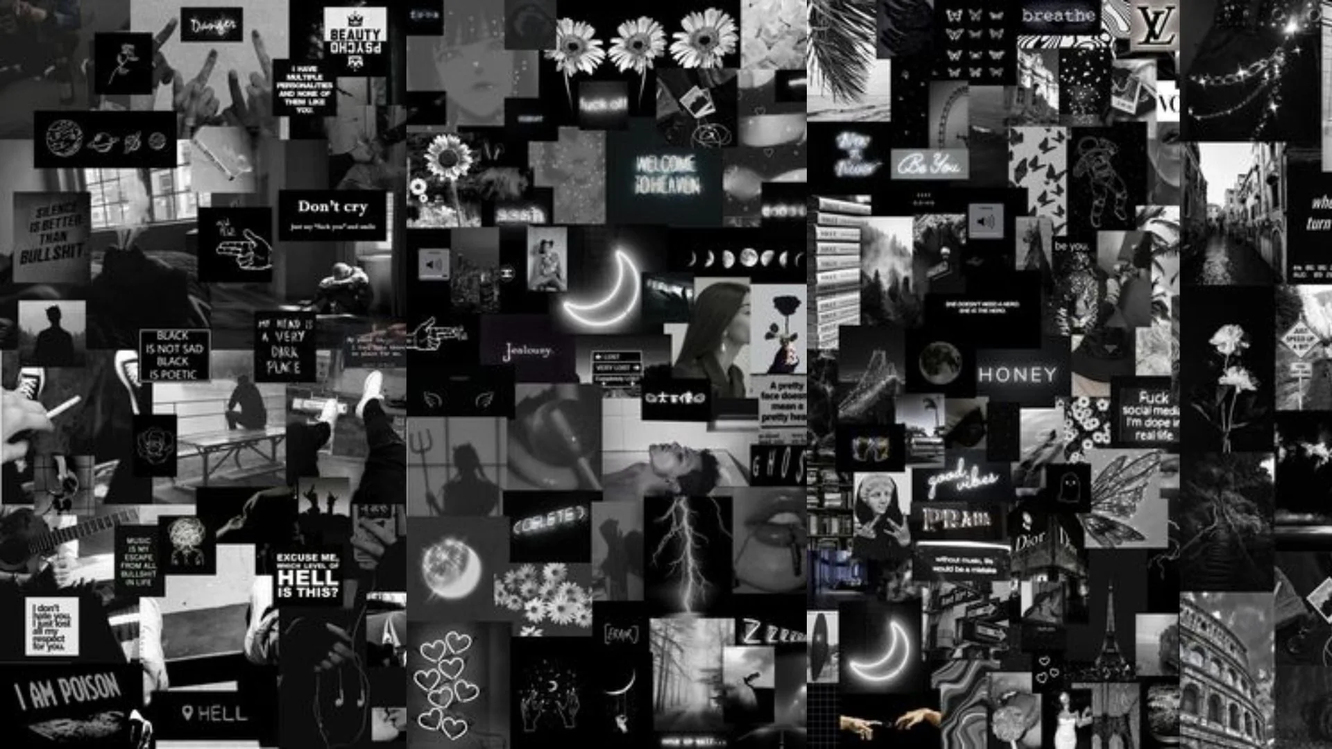 Around a hundred small monochrome photos, quote cards and neon shapes tiled edge to edge, a crescent moon and a rose sitting near the centre.
