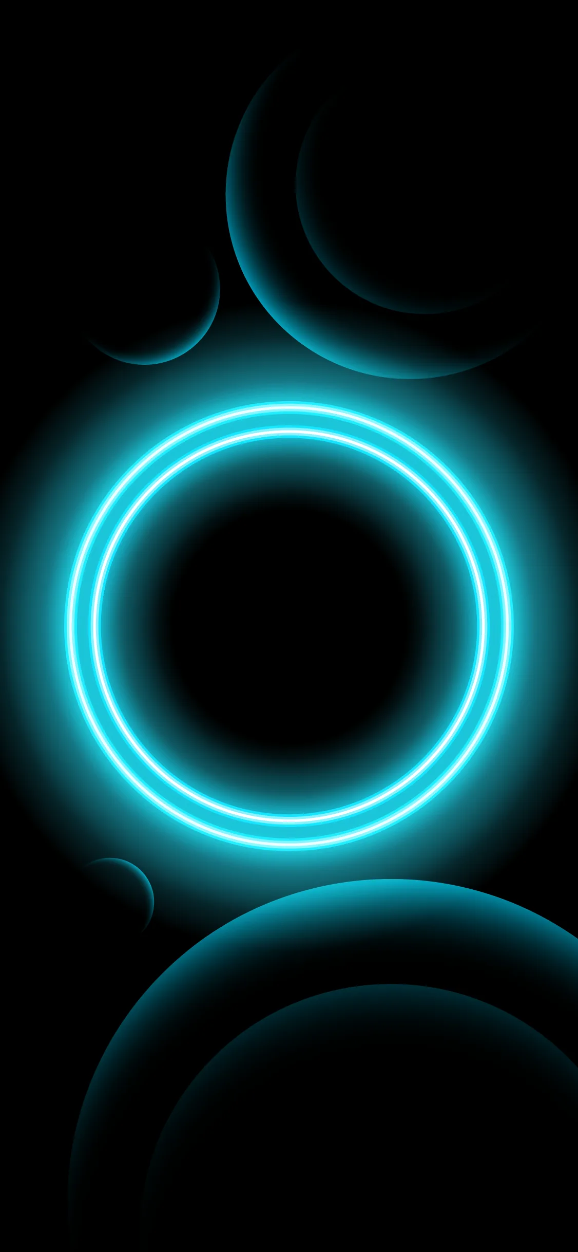 A single turquoise ring burns at the centre of the frame with softer circles ghosting behind it in near-black.