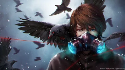 Anime Boy in a Gas Mask with Crows HD Wallpaper