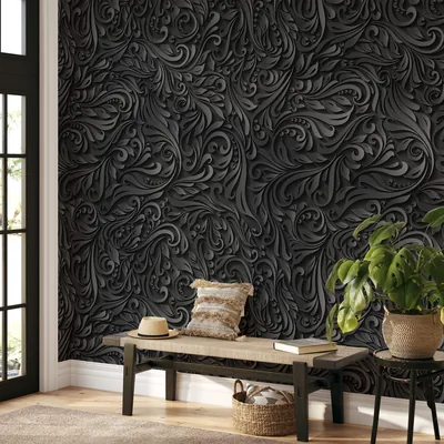 3D Embossed Black Floral Peel and Stick Wallpaper, Modern Dark Grey Damask Wall Mural