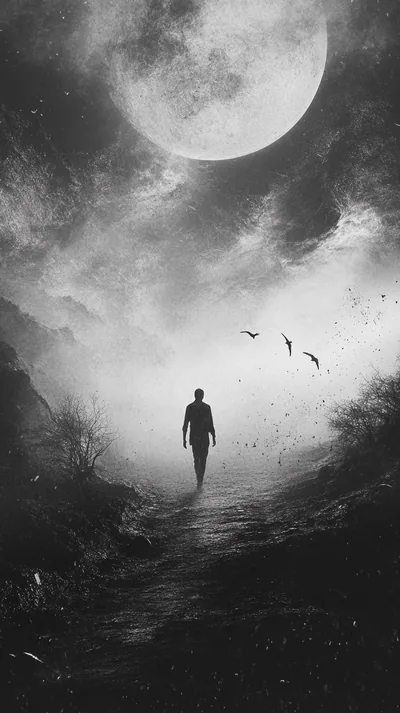Moonlit Path in Black and White HD Phone Wallpaper