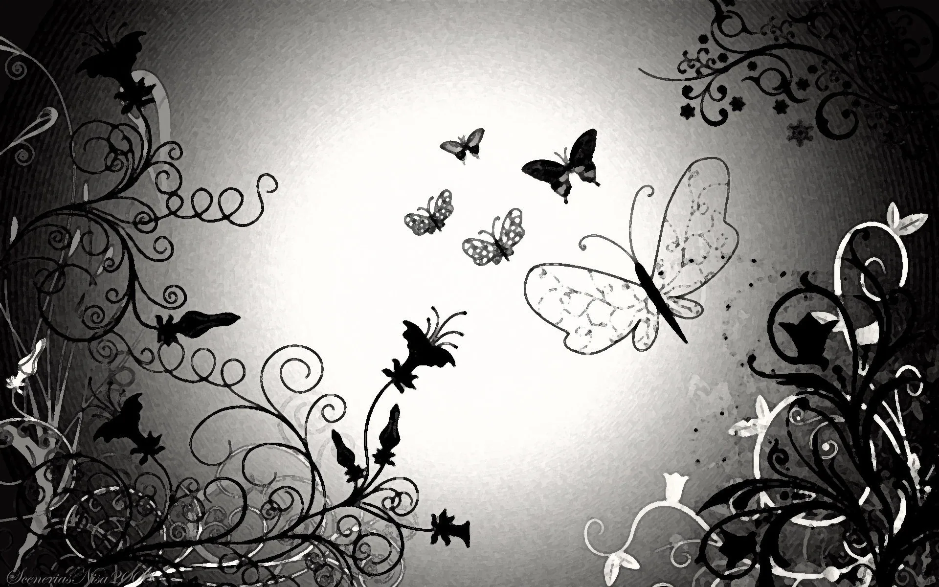 Curling vines and small fluttering shapes frame a pale glow at the centre, drawn in sharp black and white with both lower corners fully dark.