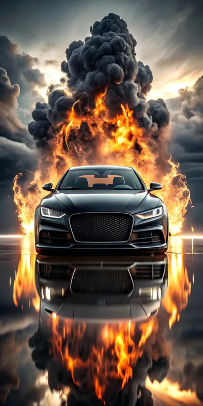 Black Audi Surrounded by Fire and Smoke HD Phone Wallpaper