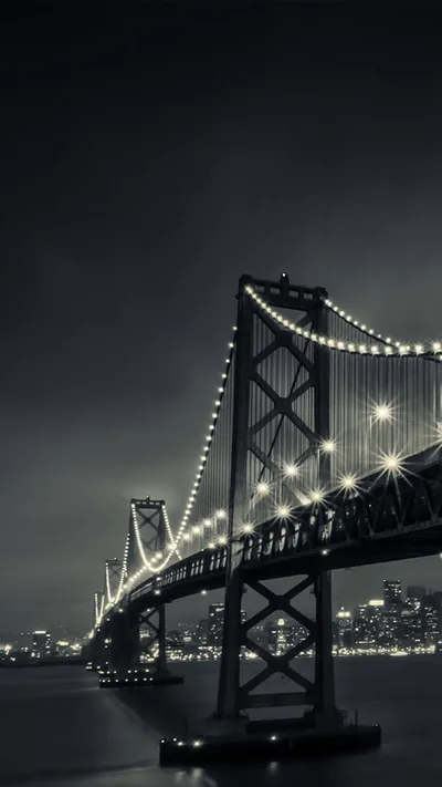Suspension Bridge at Night in Monochrome HD Phone Wallpaper