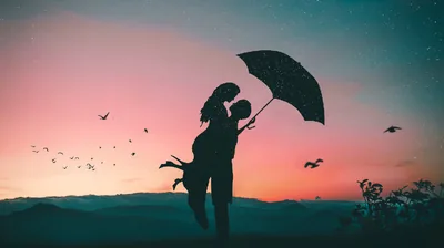 Umbrella Couple at Twilight HD Wallpaper