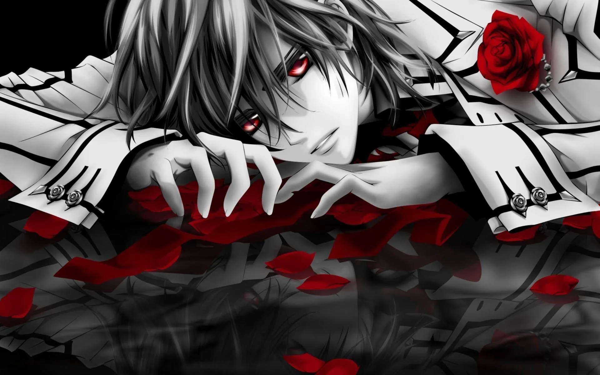 A pale anime boy rests his head on his arms with red eyes and a rose beside him, petals scattered over a black reflective floor.