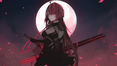 Anime Swordswoman Under a Red Moon HD Wallpaper