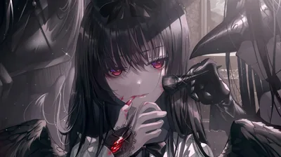 Red Eyed Anime Girl in Black Gloves HD Wallpaper