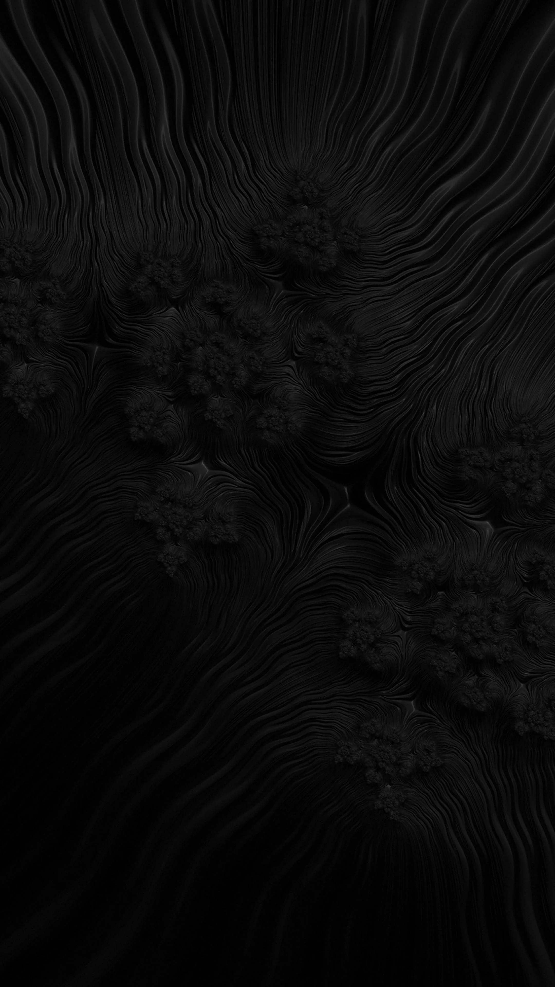 Fine ripples run in long curves down the frame with two darker soot-like blooms breaking the pattern, the whole surface kept a shade off pure black.