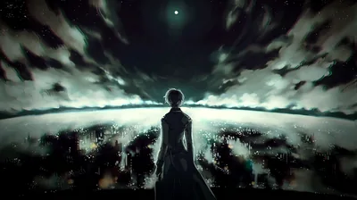 Anime Figure Under Swirling Night Clouds HD Wallpaper