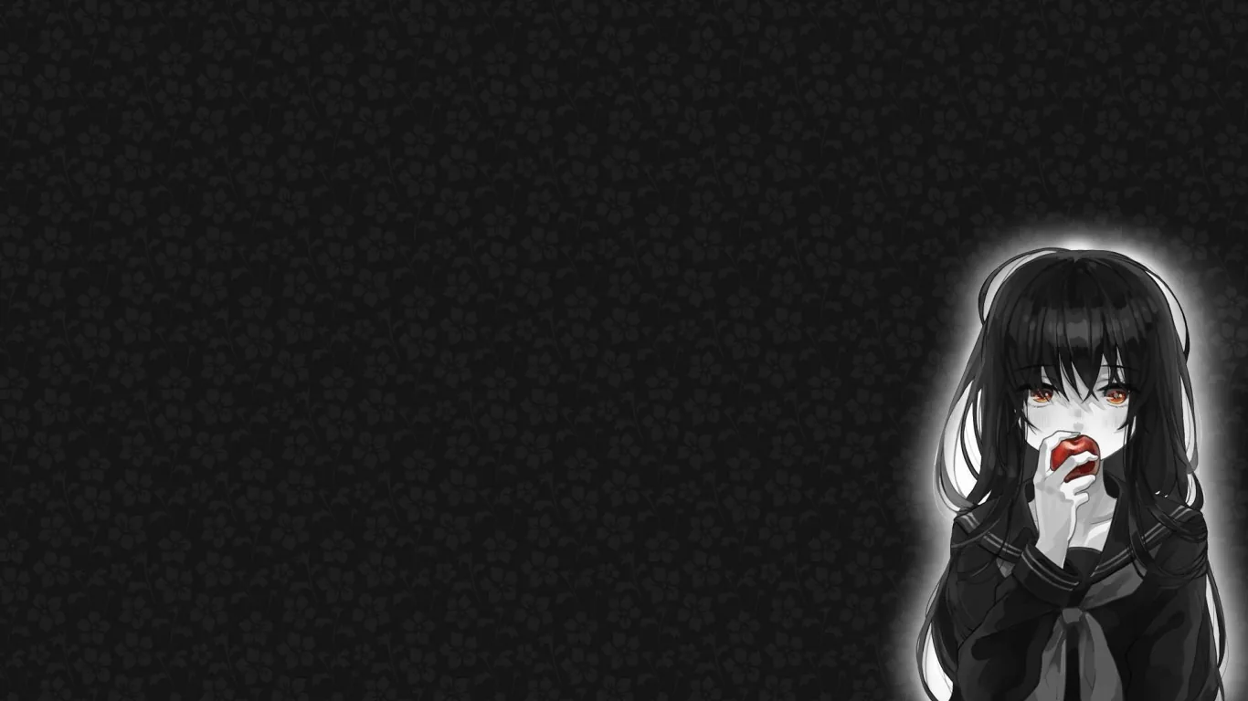 A black-haired girl in a dark coat sits in the bottom right with red lips and a white glow around her, the rest a faint black damask pattern.