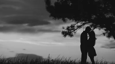 Couple Kissing Under a Tree at Dusk HD Wallpaper