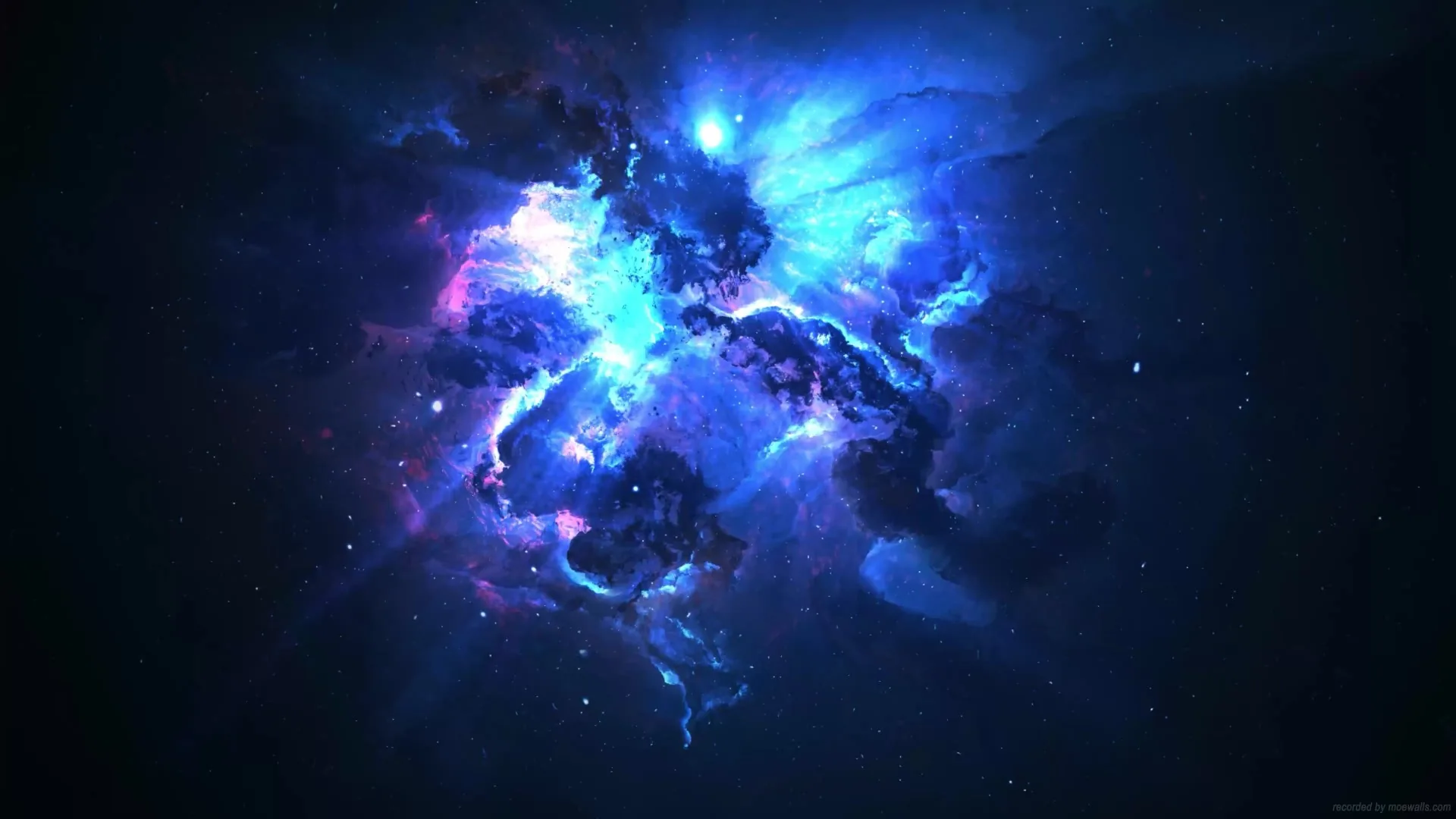 Cold blue and violet gas tears across the middle of a wide frame, the light strongest at centre and fading to black at both ends.