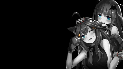 Two Anime Girls in Grey on Black HD Wallpaper