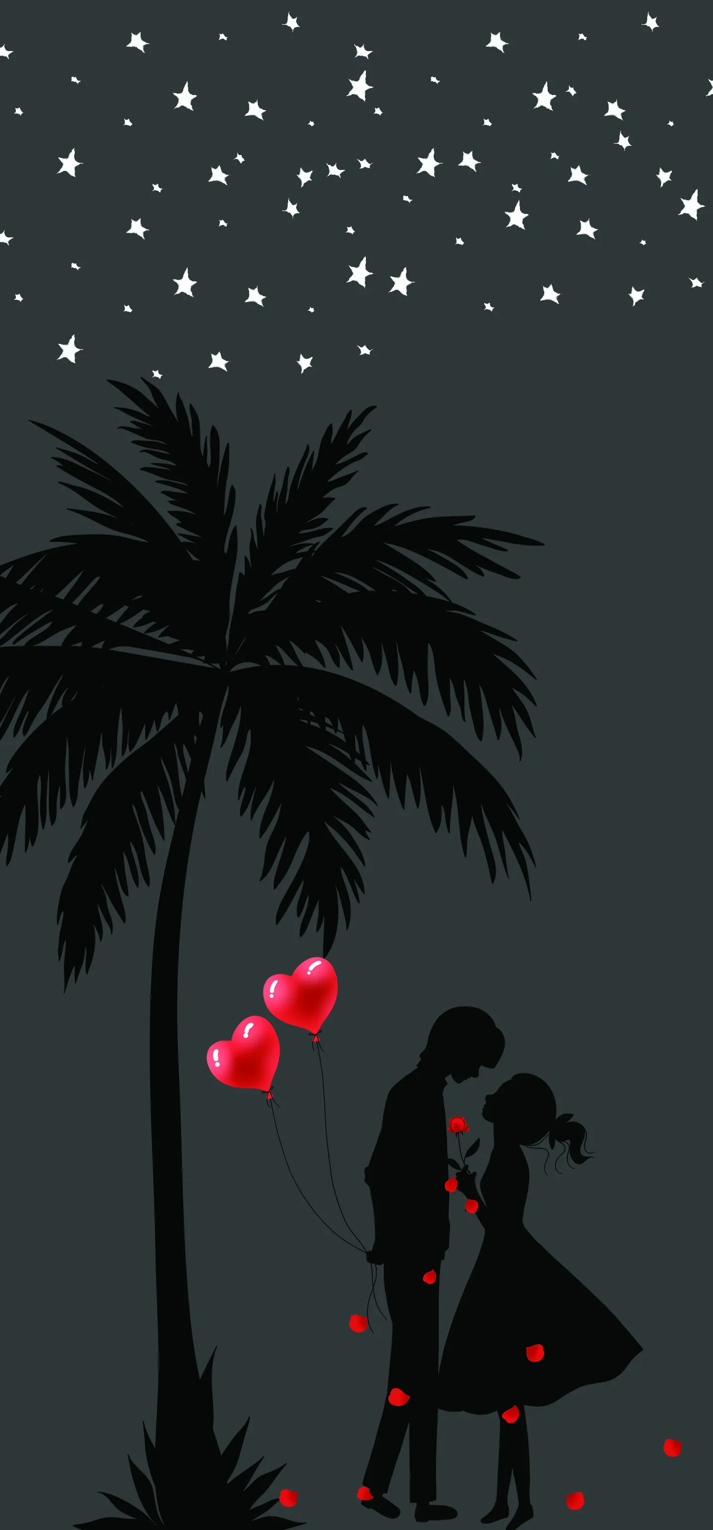 Flat silhouettes of a couple and a palm tree in charcoal grey, three red heart balloons in her hand and a scatter of white stars across the top third.