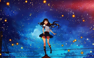 4K Anime Night Black Haired Girl Among Starry Skies