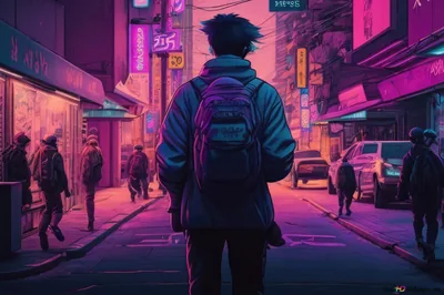 Alone boy in cyber city 4K wallpaper