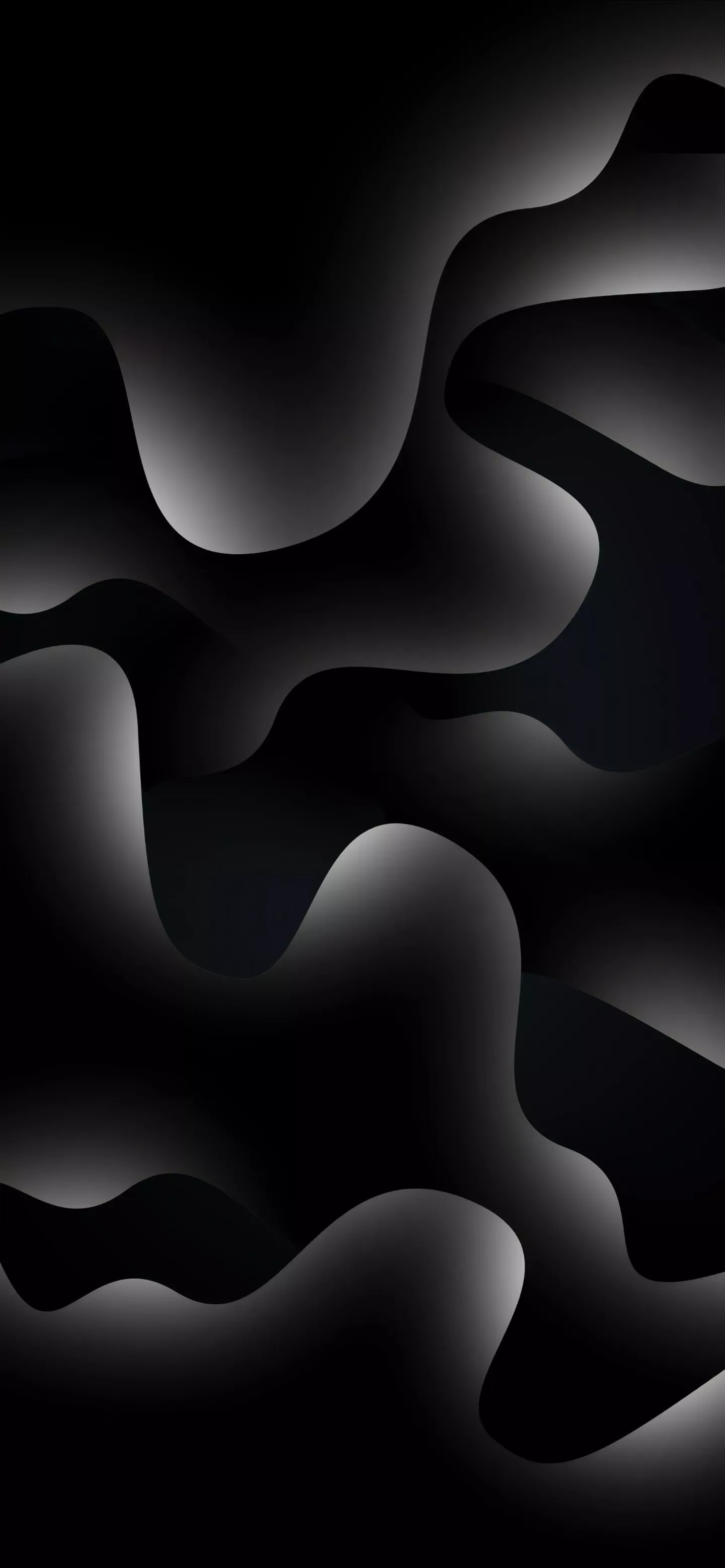 Rounded camouflage blobs in charcoal and black interlock across the whole frame, each edge picked out by a soft white gradient that reads well behind app icons.