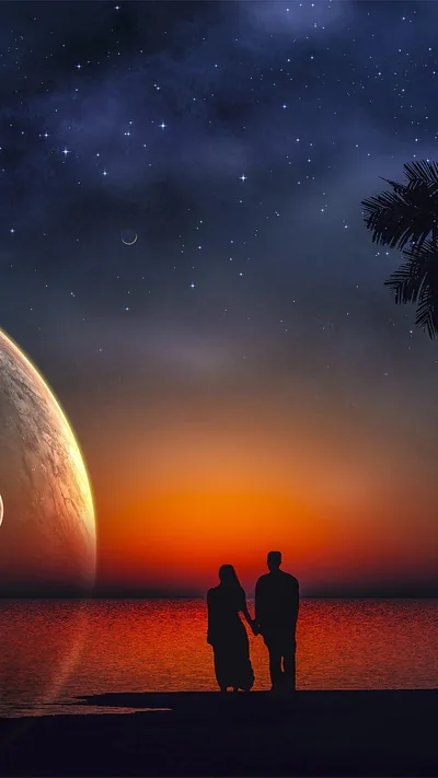 Couple Watching a Planet Rise at Sunset HD Phone Wallpaper