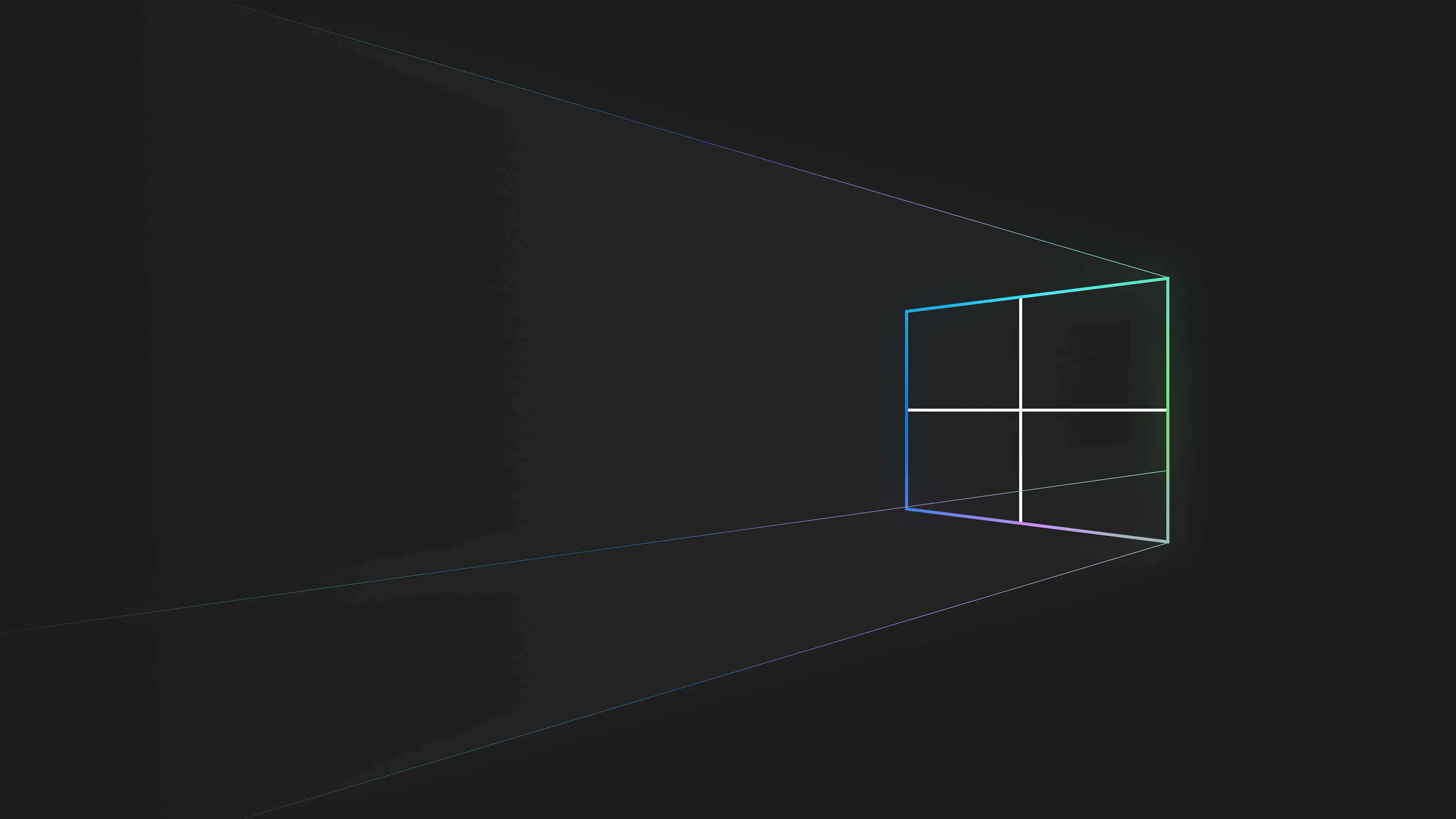 A thin window outline sits at the right in blue and green light, faint lines receding to the left.