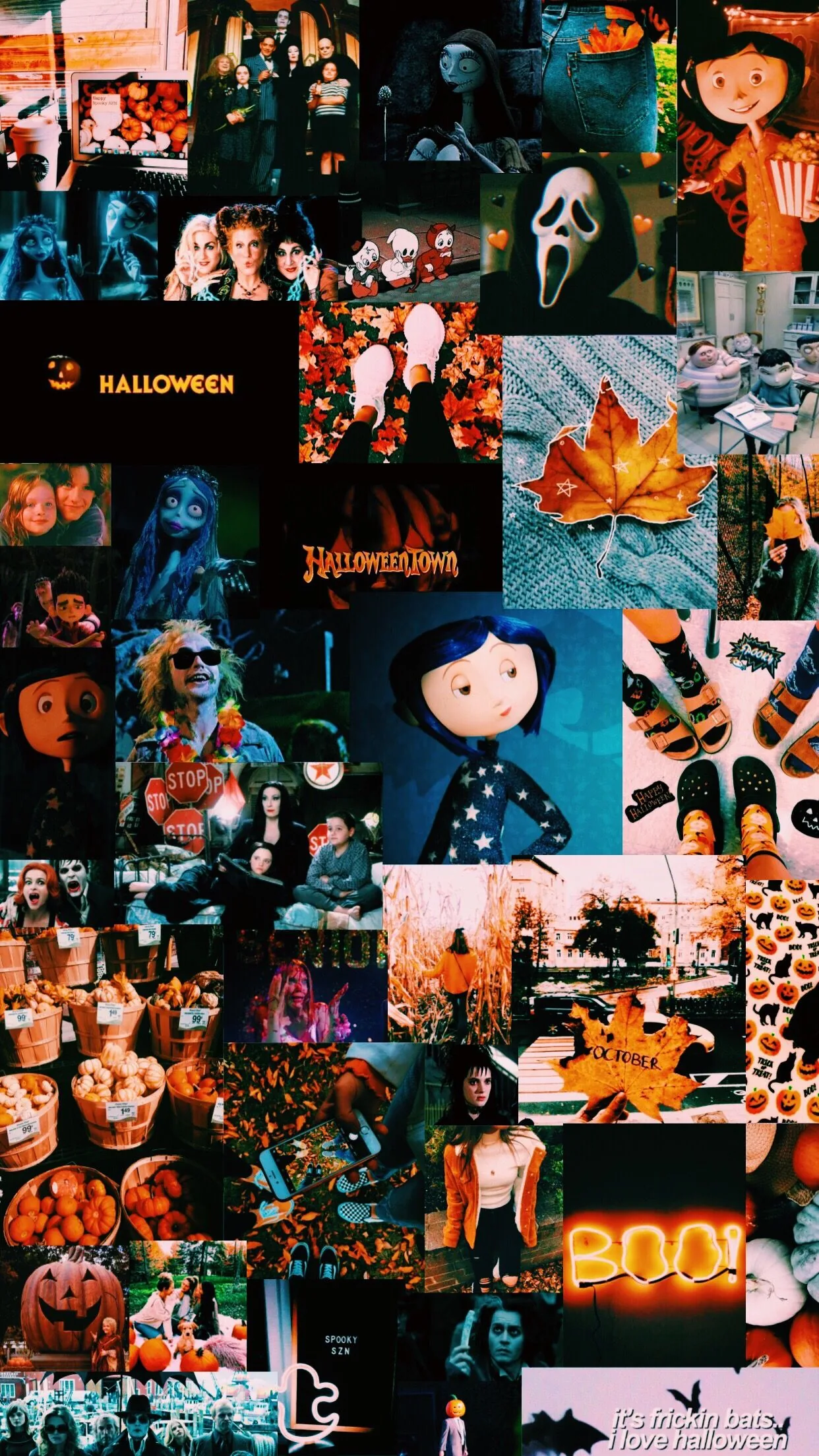 Dozens of dim orange-tinted tiles — horror film stills, a neon Boo sign, pumpkins and autumn leaves — tile the screen in a grainy retro collage.