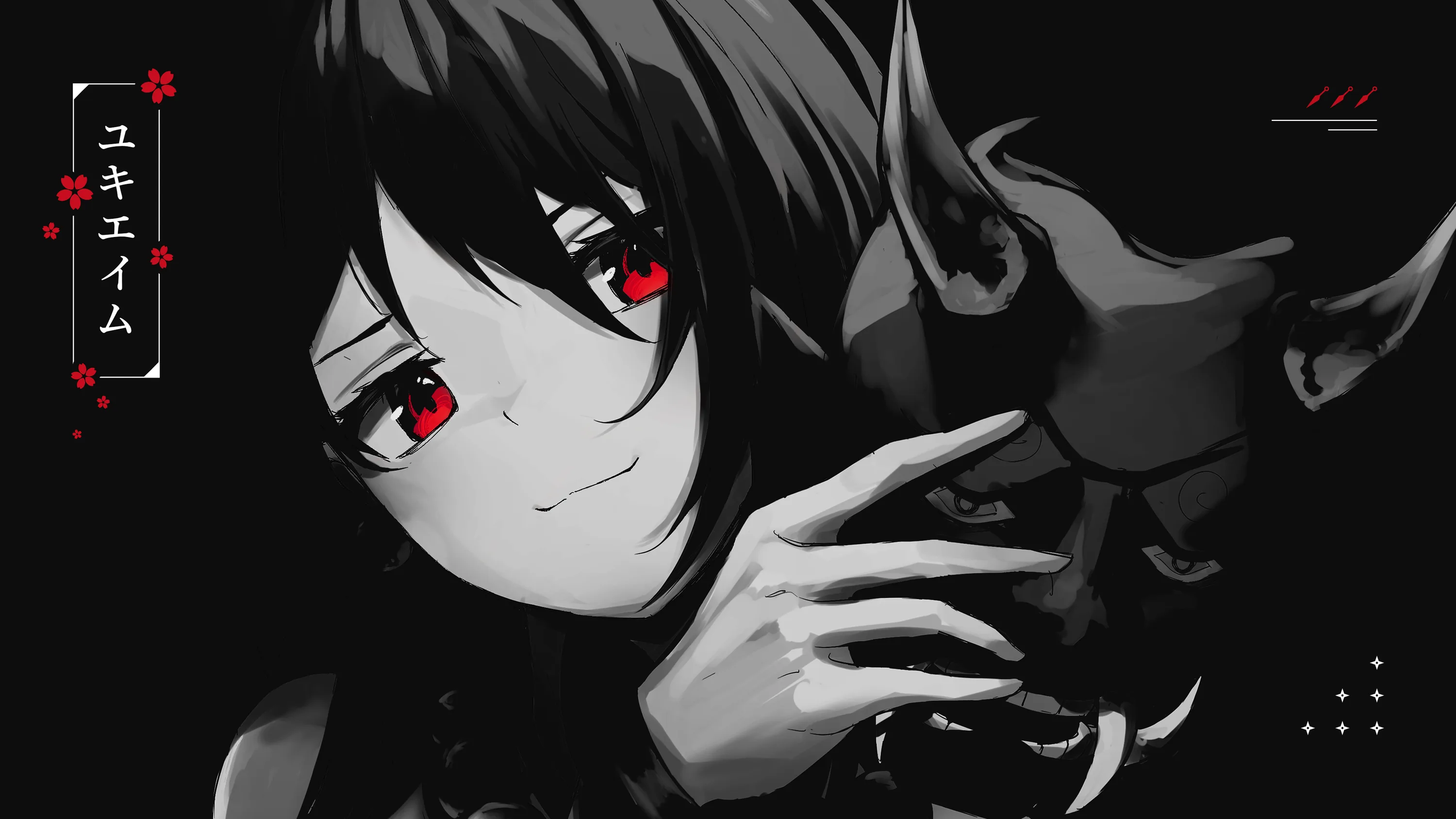 She smiles with one hand raised beside a horned creature, red eyes and Japanese lettering the only breaks in a near-black frame.
