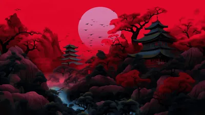 Blood Red Sky over Dark Pagodas HD Wallpaper