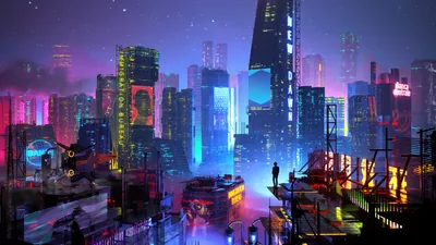 Painted Megacity with Central Spire HD Wallpaper