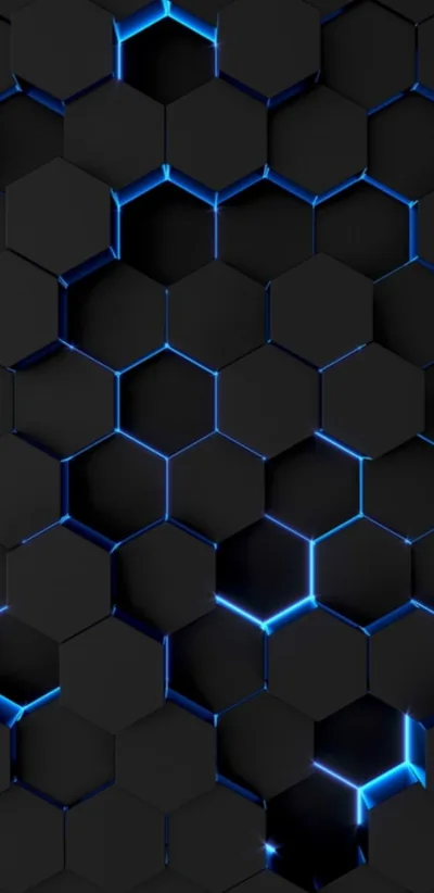 Black Hexagons with Blue Glow HD Phone Wallpaper